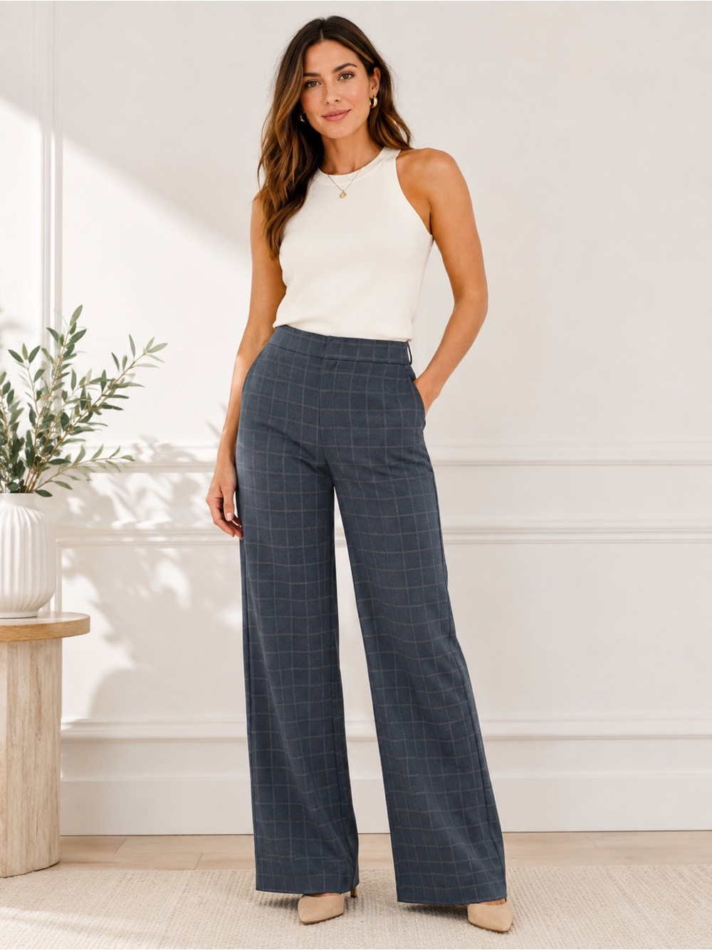 Autres Filles High-Rise Wide Leg Gray Windowpane Plaid Pants Size Medium